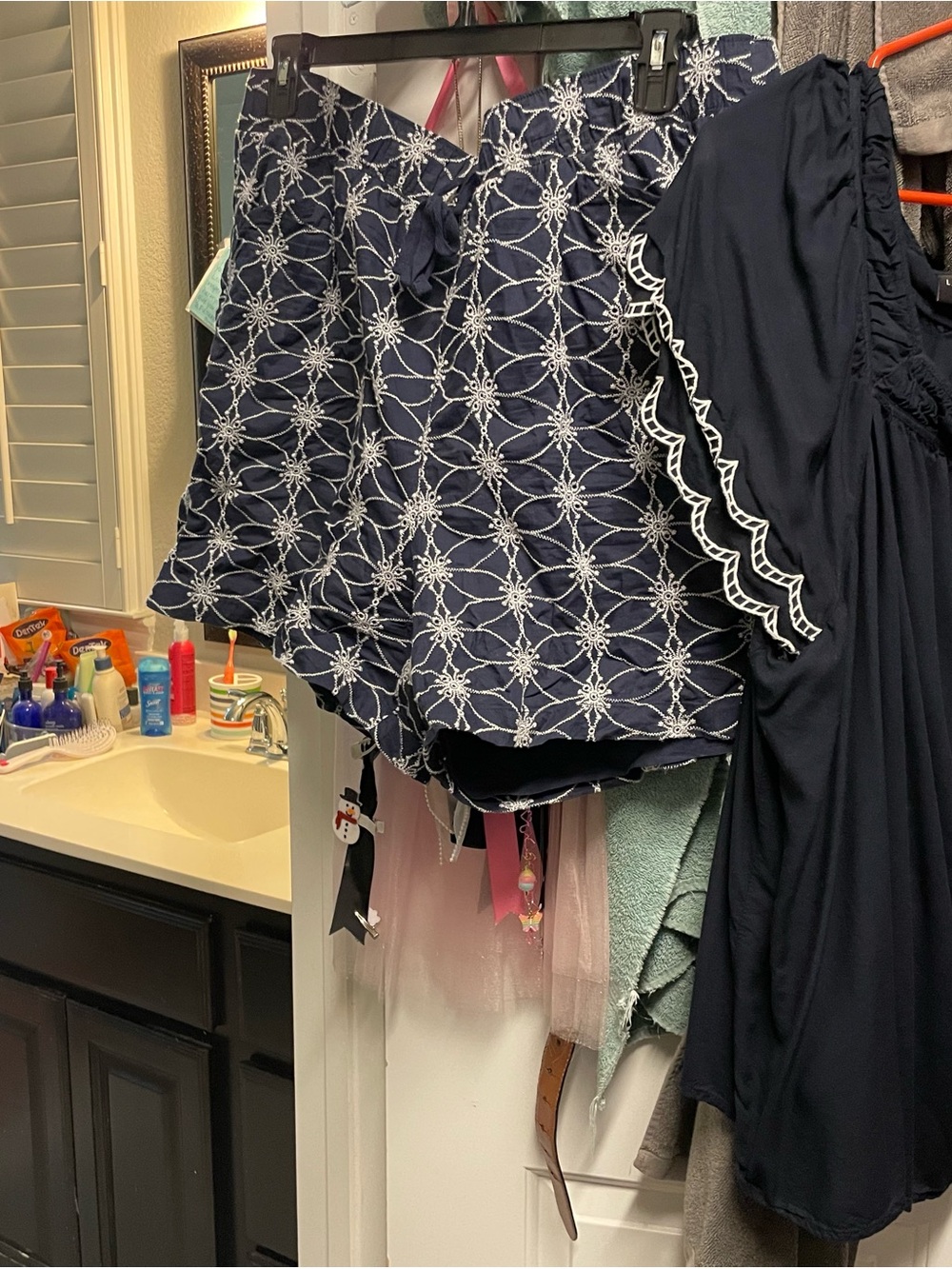 Navy Blue Embroidered Shorts with White Floral Lattice & coordinating blouse